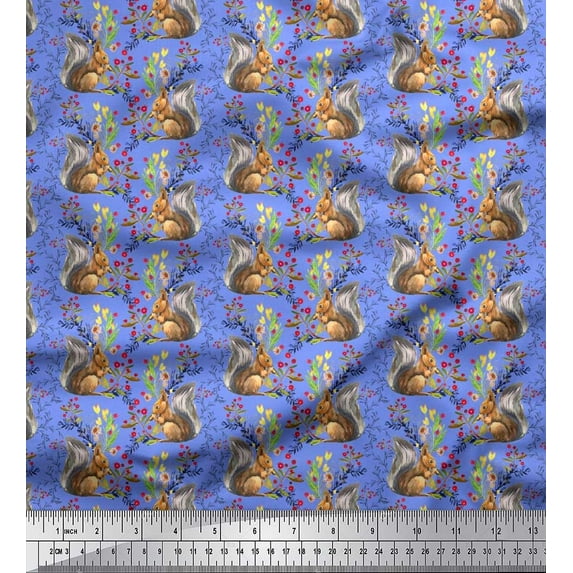 Soimoi Cotton Cambric Fabric Leaves,Floral & Squirrel Animal Print Fabric by The Yard 42 Inch Wide
