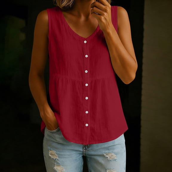 Craaazy Button Down Shirts for Women Trendy Sleeveless V Neck Cotton Linen Solid Color Loose Fit Casual Summer Tank Tops