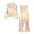 thumbnail image 4 of Vertical Stripes Women Long Sleeves Long Sleeve Sleep Dress for Womens Women Pajamas Set Heart Print Satin Trim Long Sleeve Shirt Pants Set Pajama Sets, 4 of 5