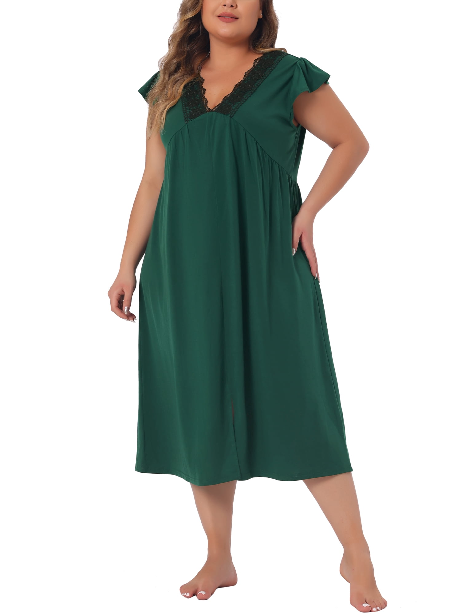 DARING DIVA Women's Plus Women's Lace V Neck Short Sleeves Nightshirt 1X Dark Green
