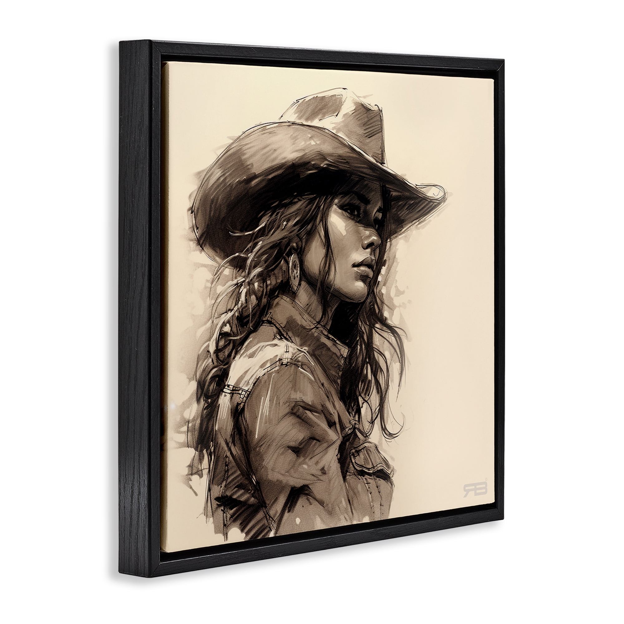 Stupell Industries Stoic Cowgirl Looking Away People Painting Black Floater Framed Canvas Art Print Wall Art, 18 x 18