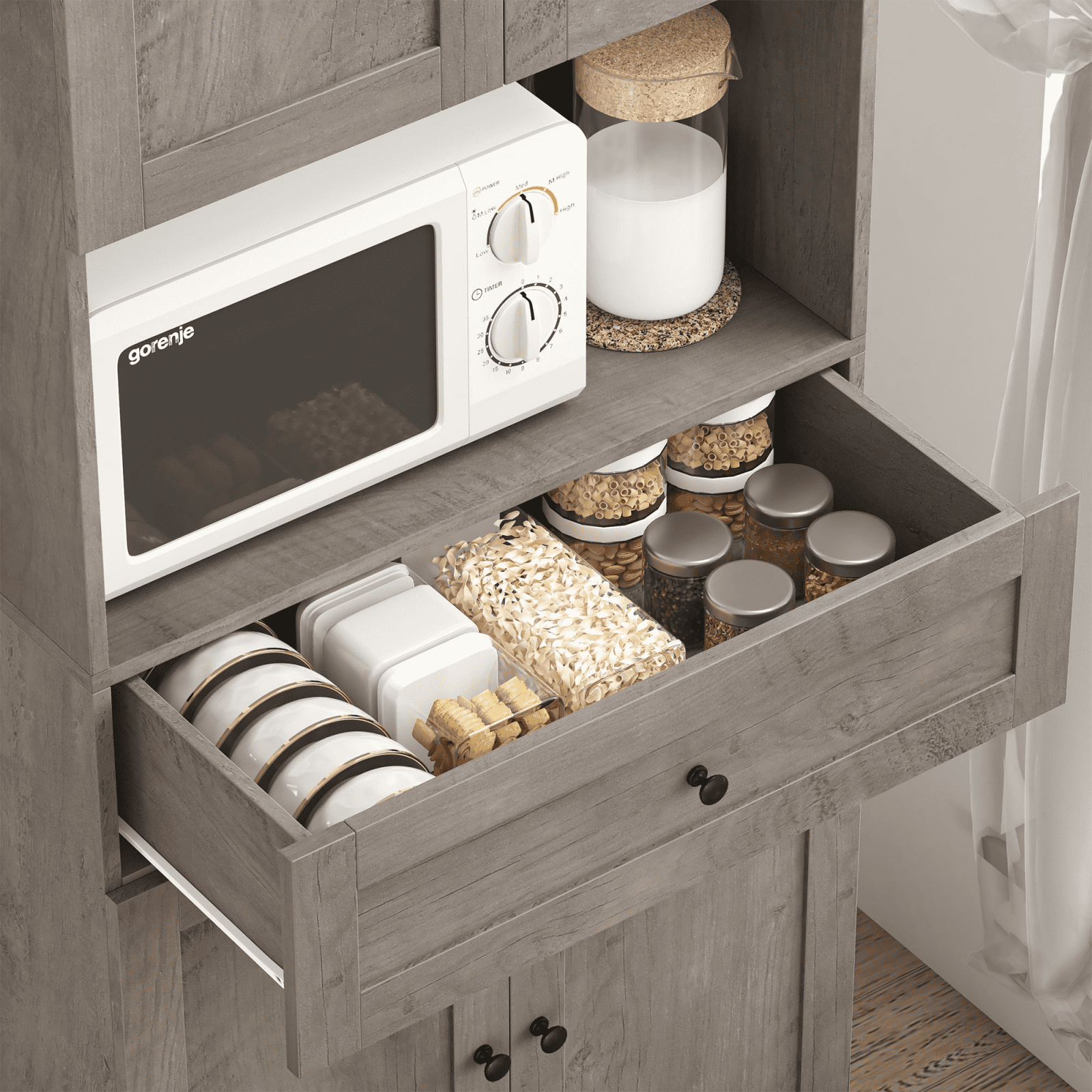 Homfa 67.5'' Tall Kitchen Pantry with Microwave Shelf, Large Storage Drawer Wood Pantry Storage Cabinet for Dining Room Living Room, Gray
