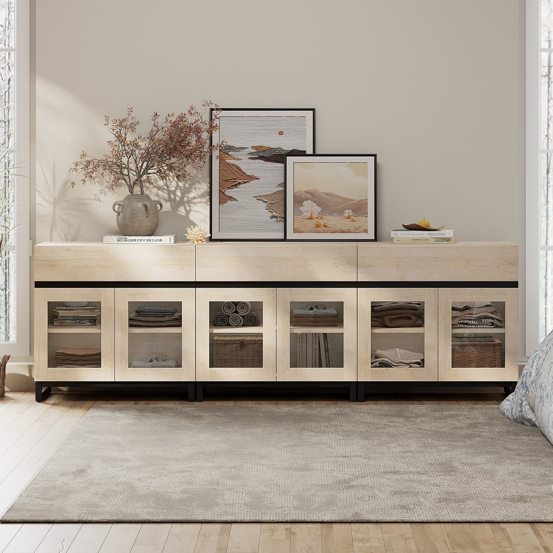WAMPAT 94.5" Multifunctional Modern Sideboard Buffet Cabinet with 6 Glass Doors & 3 Drawers, Credenza & Coffee Bar Storage Cabinet for Living Room & Kitchen