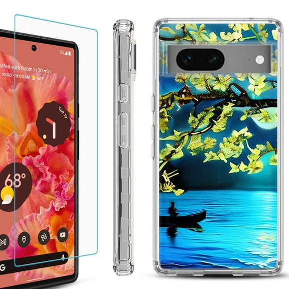 OneToughShield ® for Google Pixel 7a Shockproof Bumper Phone Case, with Tempered Glass Screen Protector - Almond Blossom Night