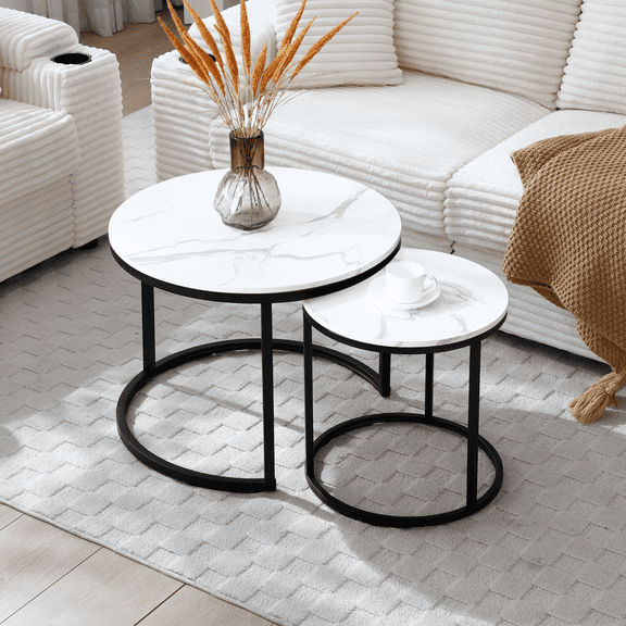 Set of 2 Nesting Round Coffee Tables, White & Marble Pattern Tabletop with Black Metal Frame, Modern Industrial Wooden Side Table, Accent Nightstand for Living Room Bedroom Apartment