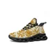 thumbnail image 1 of Zapatillas deportivas planas con estampado floral dorado para hombre y mujer, de alta calidad, con cordones y malla, hechas a medida., 1 of 6