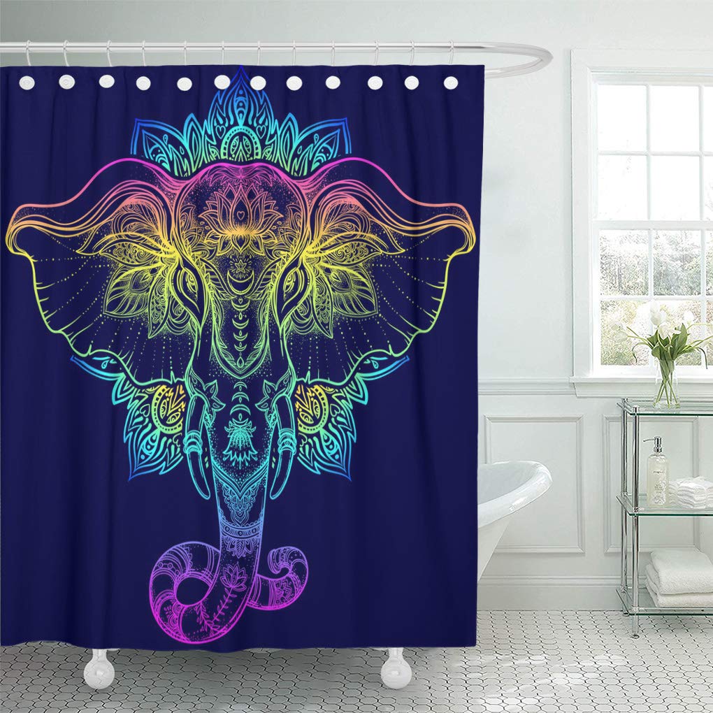 Libin Beautiful Tribal Elephant Over Mandala Colorful Boho Pattern Psychedelic Shower Curtain 66x72 inch