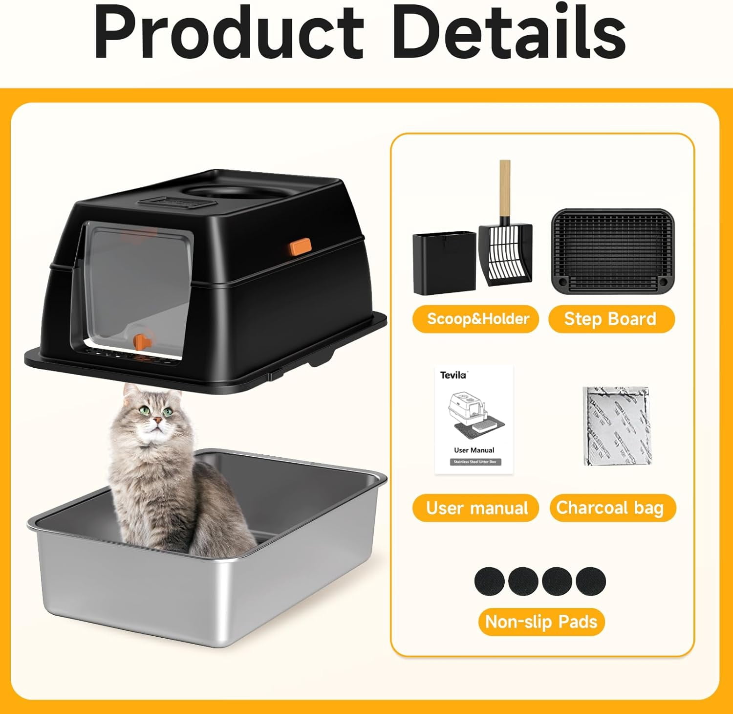 Dog Proof Front Entry Top Exit, High Sided Enclosed Metal Cat Litter Pan, Extra Large Stainless Steel Litter Box with Lid, Includes Scoop & Step, Odor Control Easy Clean Leak Proof
