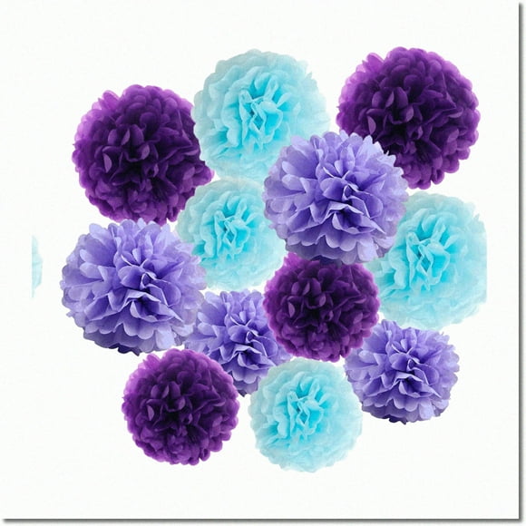 Mermaid Magic Pom Pom Party Pack - 12pcs Dark Purple, Light Purple, and Blue Paper Pom Poms - Vibrant 3-Color Decorations for Underwater Themed Celebrations - 12 Inch, 10 Inch Sizes