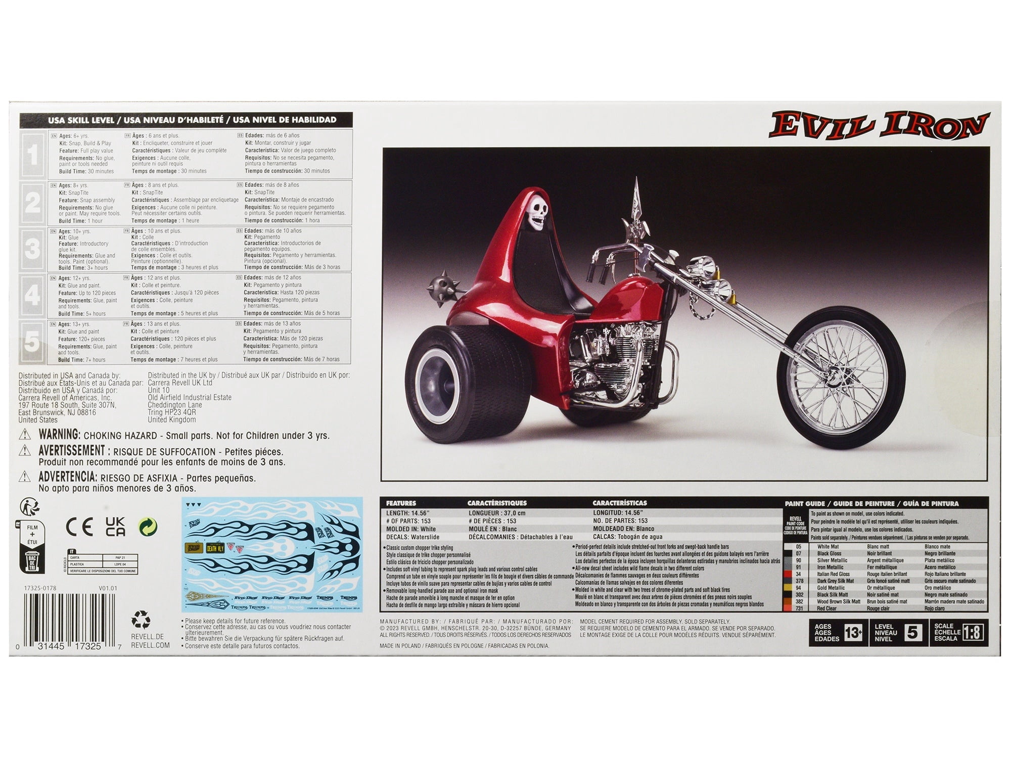 Revell 17325 Evil Iron Trike 1:8 Scale 153-Piece Skill Level 5 Model Motorcycle Bike Building Kit, White