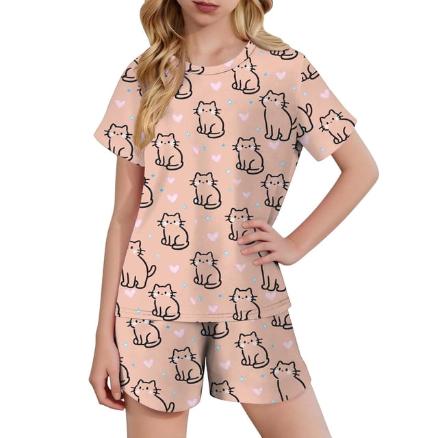 Kids Girls Fashion Cute Print Loose Short Sleeve Top Shorts Set Homewear Set