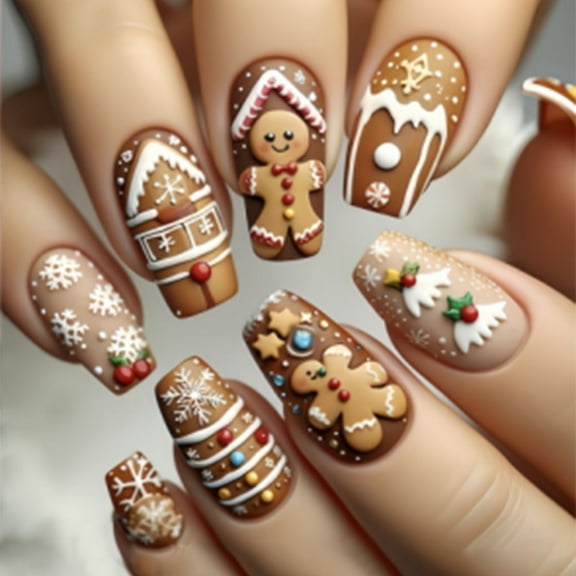 Christmas Press-On Nails, 24 Pcs Cute Cartoon Design with Gingerbread Man & Candy House, Full Cover Fake Nails for Holiday Party Gift