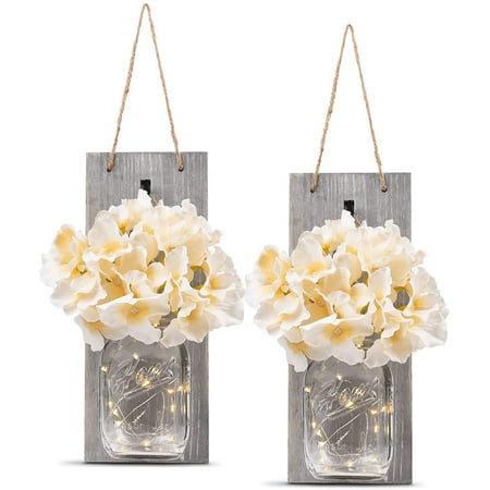 

Dearhouse Decorative Mason Jar Wall Decor - Rustic Wall Sconces with 6-Hour Timer LED Fairy Lights and Flowers - Farmhouse Home Decor (Set of 2)