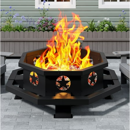 43" Octagonal Fire Pit, Wood Burning Fire Pit with Poker for Outside