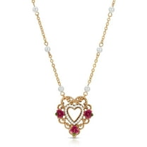1928 Jewelry Women's Gold Tone Pink Enamel Flower Faux Pearl Rimed Open Heart Pendant Necklace 16"