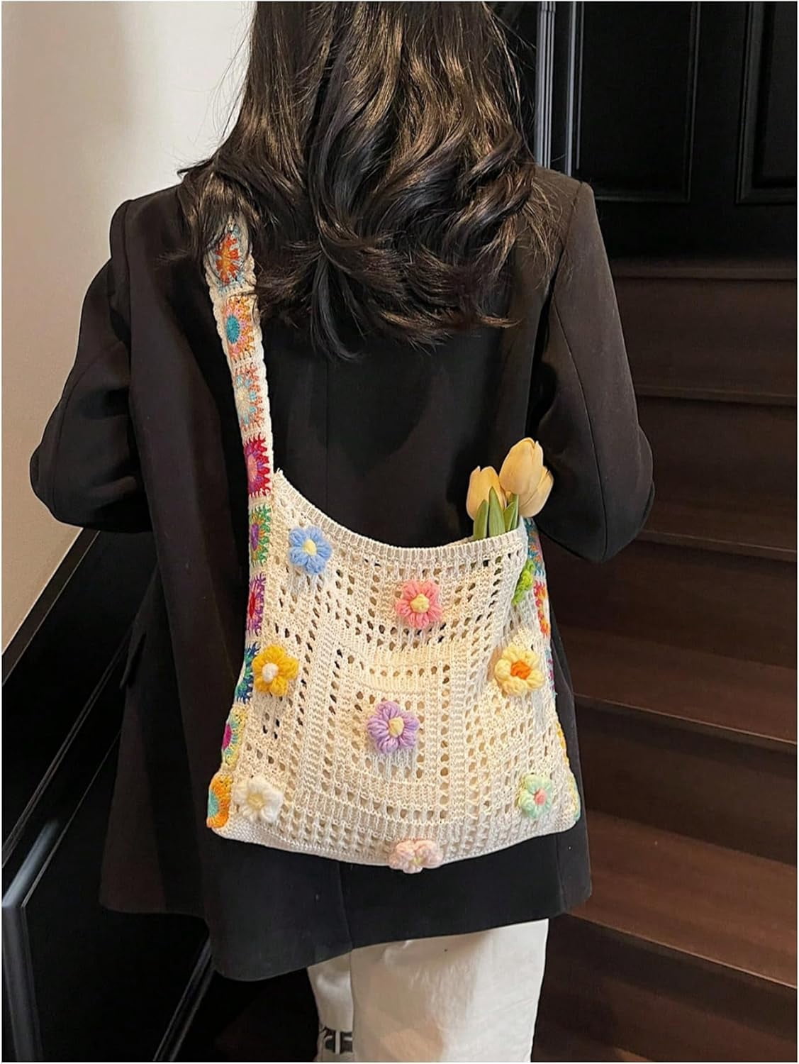 CAILDANL Women's Boho Embroidery Crossbody Bag Hollow Out Crochet Knit Shoulder Bag Tote Handbag