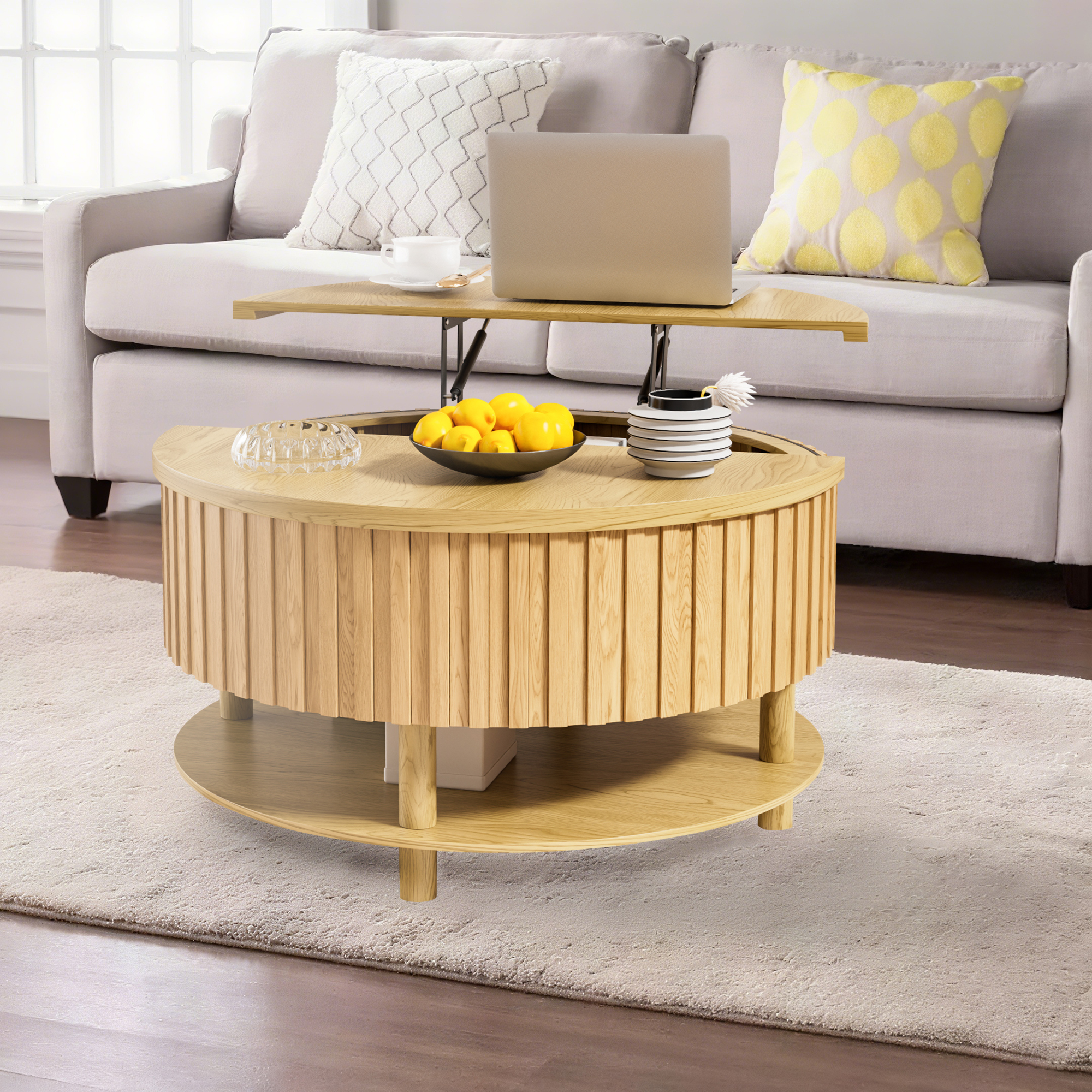 Round Lift Top Coffee Table with Storage, 2-Tier Center Table with Hidden Compartment, Circle Coffee Table with Open Shelf for Living Room, Wood Color