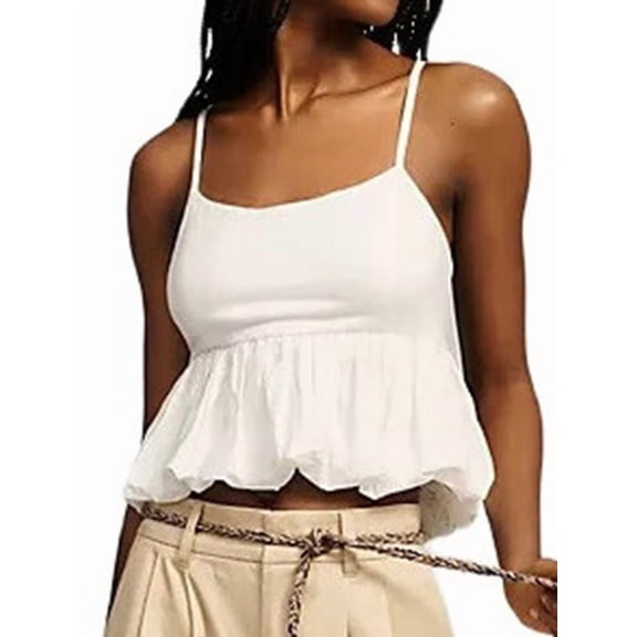 Bubble Tank Tops Women Y2k Ruffle Hem Spaghetti Strap Going Out Crop Tops Sleeveless Babydoll - Shirts White M