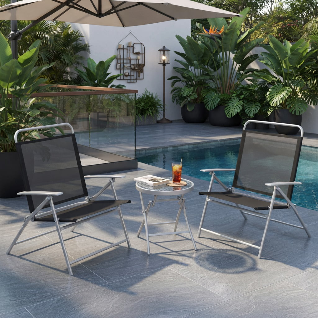 Hommoo 3-Piece Folding Outdoor Patio Chair Set with Tempered Glass Coffee Table, Metal Conversation Set for Backyard, Poolside & Balcony, Black