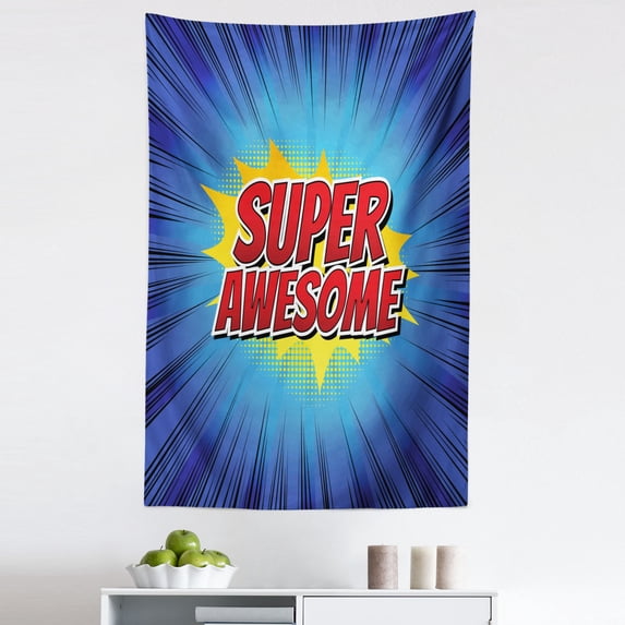 Wording Tapestry, Comic Book Design with Half Tone and Lines Background Super Words, Fabric Wall Hanging Decor for Bedroom Living Room Dorm, 5 Sizes, Red Blue Yellow, by Ambesonne