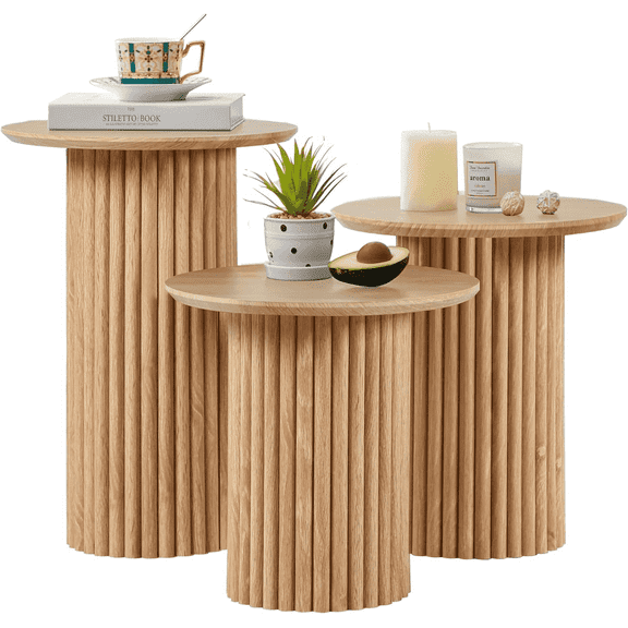 LEFHDA Fluted Round End Tables Set of 3, Mid Century Modern Wooden Coffee Table, Small Bedside Table Accent Cabinet for Living Room, Bedroom, Entryway (Oak)