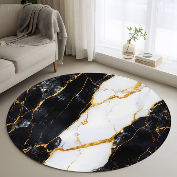 Round Area Rug 4ft Retro Black Gold Marble Texture Area Rugs Washable Low Pile Floor Carpet for Bedroom, Abstract Cracks Art Non Slip Soft Rugs for Living Room Entryway Dining Room