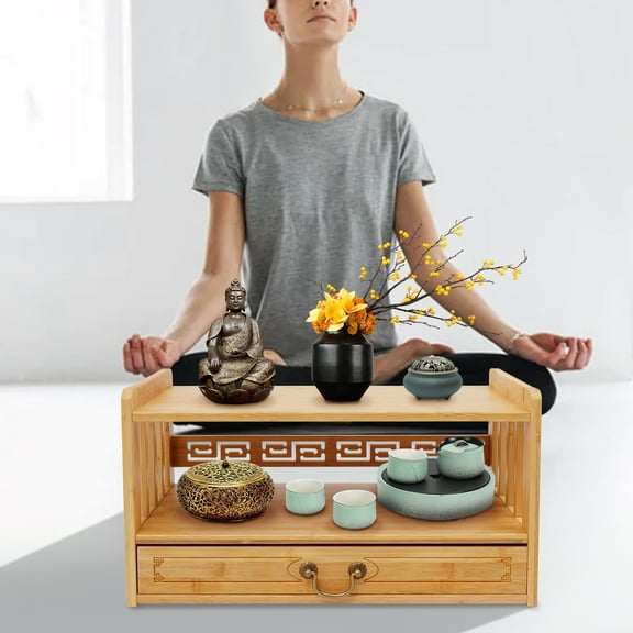 Primary Color Bamboo 52x25x28cm Chinese Storage Table Three-Layer Zen Table Multifunctional Shelf With Drawer
