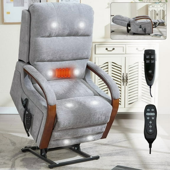 Power Blue Chenille Lift Recliner Chair Dual Motor Infinite Position Up to 350 LBS with Solid Wood Armrests, Heat Massage and Heavy Duty Motion Mechanism