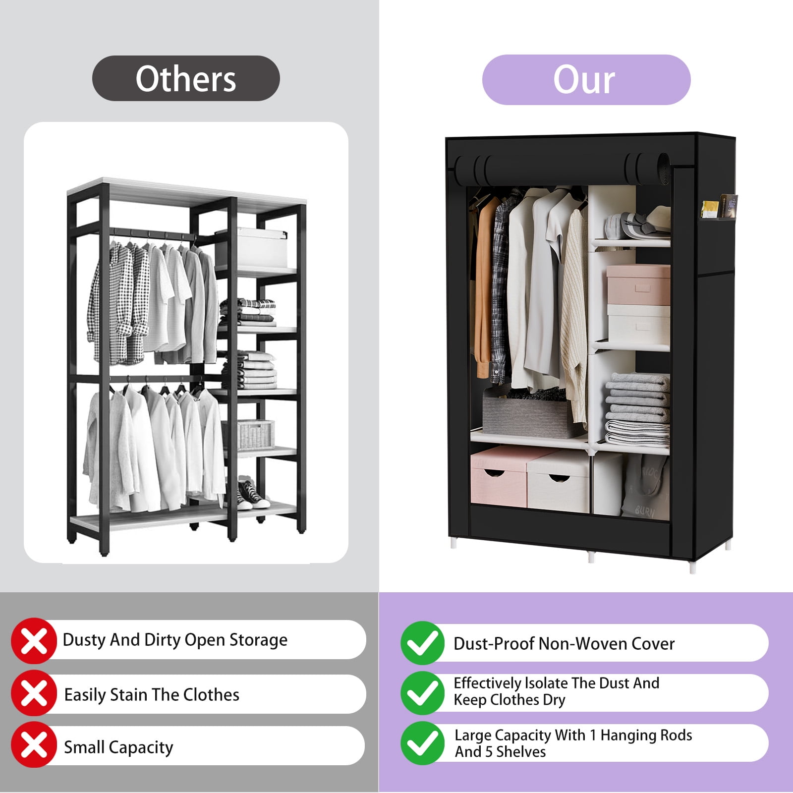 BAOKALER Black No-Assembly Portable Closet:6 Shelves,1 Hanging Rod,4 Side Pockets–Ideal for Bedroom, Living Room, Cloakroom, Garage, Dorm, Apartment
