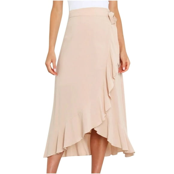 Women's Ruffle Wrap Long Skirt High Waisted Tie Knot Irregular Maxi Skirt Solid Color Casual Skirt for Business Casual