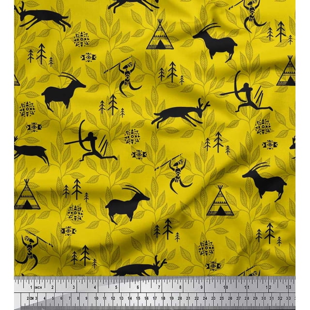 Soimoi Moss Georgette Fabric Reindeer,Tent & Human African Decor Fabric Printed Yard 42 Inch Wide