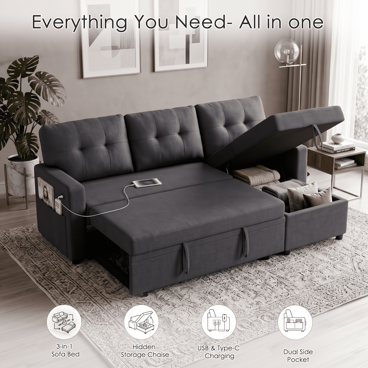 Xiweot Sectional Sleeper Sofa Bed 82" Convertible L Shaped Couch with Storage Chaise, USB Ports & Side Pockets, Compact Linen Pull Out Sofa for Living Room Apartment Recreational Vehicle, Dark Gray