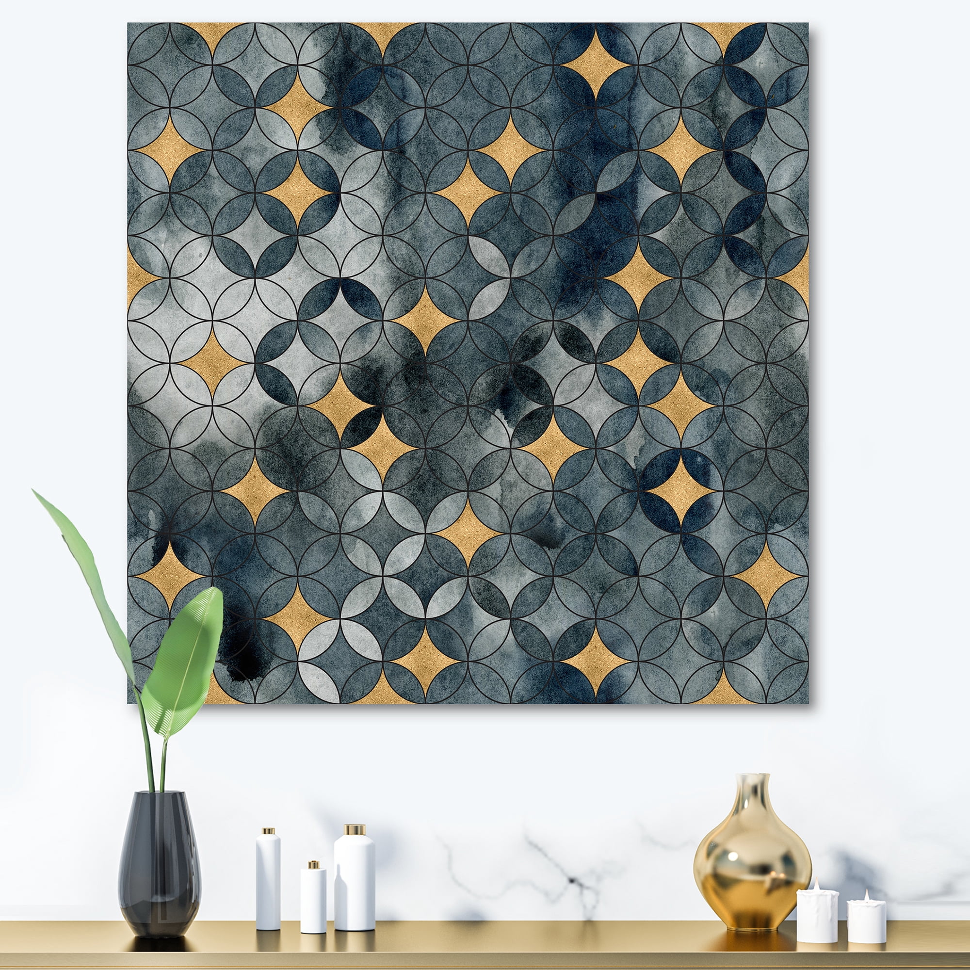 Designart ' Geometry Golden Stars With Intersecting Circles ' Modern Canvas Wall Art Print
