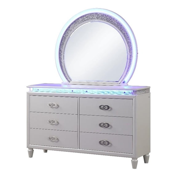 Pemberly Row Wood 6-Drawers LED Dresser in Milky White Finish
