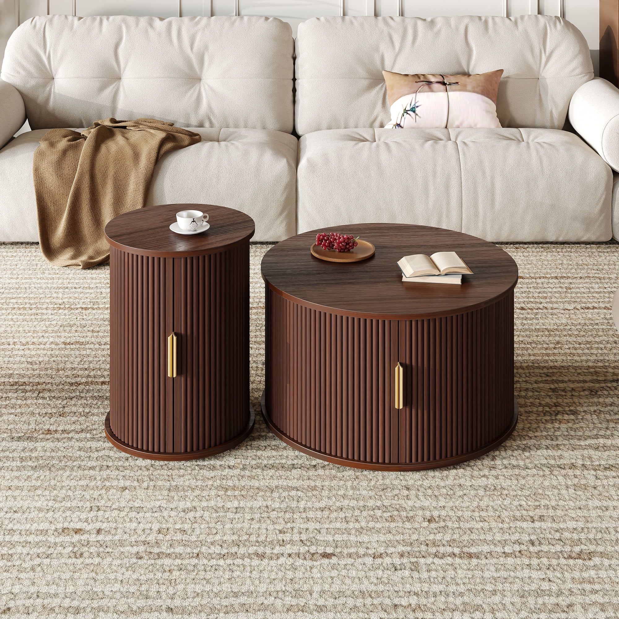 Euroco Mid-Century Coffee Table Set with Sliding Tambour Door, Round Fluted End Table With Storage, Golden Handle Tall & Low Side Table with Wooden Finish for Living Room, Set of Two