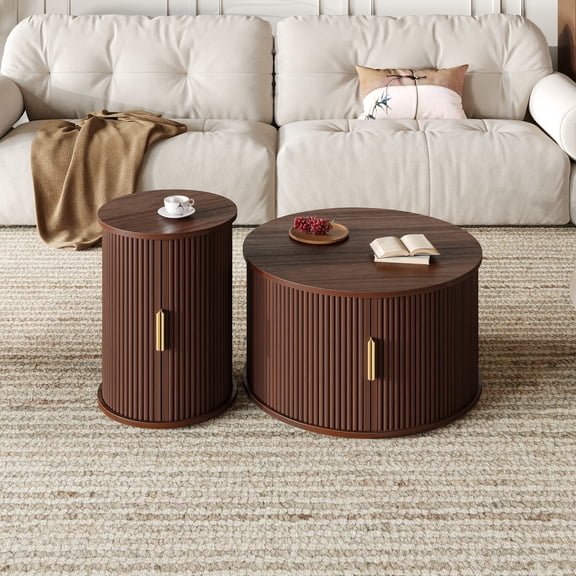 Mid-Century Coffee Table Set with Sliding Tambour Door, Round Fluted End Table & Storage Shelf, Golden Handle Tall and Low Side Tables with Wooden Finish for Living Room, Set of 2,Walnut