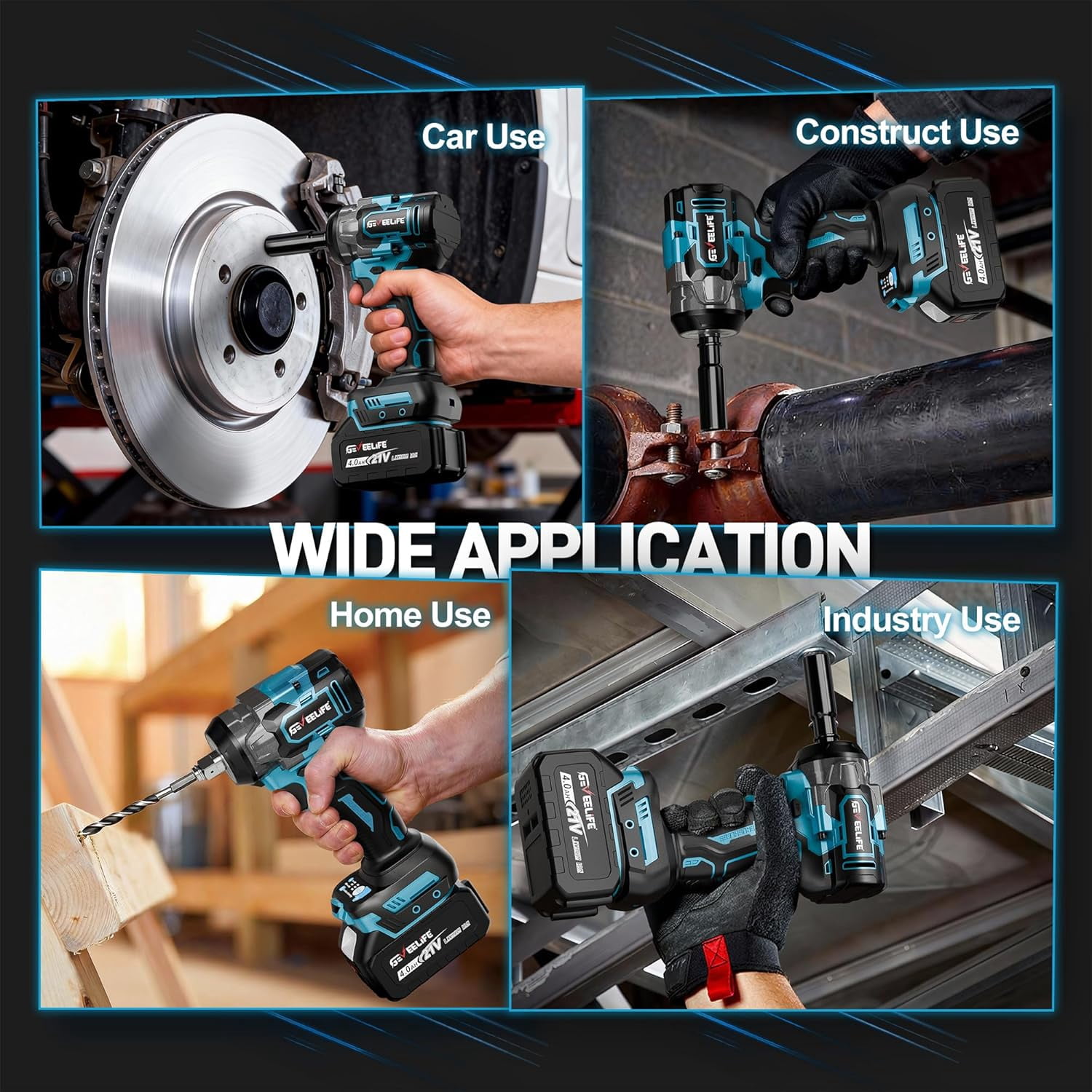 GEVEELIFE Impact Wrench 480Ft-lbs(650N.m) Brushless, 1/2 Impact Gun with 2x4.0Ah Battery, Cordless Impact Wrench, 6 Sockets, 8 Drill Bits, 3300RPM Power Electric Impact Driver for Car/DIY Furniture