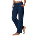 thumbnail image 2 of Women Elastic Waist Cotton Linen Straight Leg Pants Split Button Hem Casual Pull On Trousers With Pockets XL, 2 of 6
