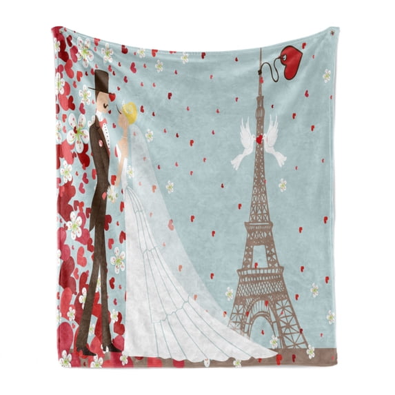 Wedding Soft Flannel Fleece Blanket, French Couple Hand Drawn Paris Eiffel Tower Getting Married Hearts Celebration, Cozy Plush for Indoor and Outdoor Use, 70" x 90", Blue Red White, by Ambesonne