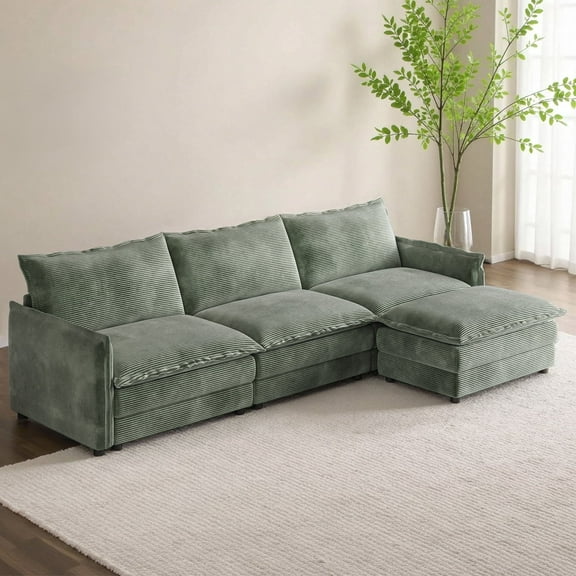 Duolove Furniture 109" Corduroy Sectional Couch with 1 Ottoman, Upholstered Large Size Deep Seat L Shaped sofa Set with 3 cushions for Living Room(Right Facing Chaise)