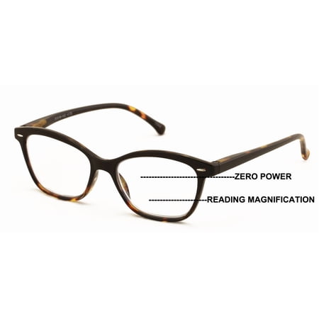 Women 2 Tone Cateye Clear Progressive Reader - Zero Power On Top - No Bubble Reading Glasses Z110 +2.00