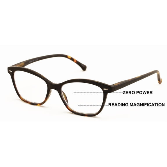Women 2 Tone Cateye Clear Progressive Reader - Zero Power On Top - No Bubble Reading Glasses Z110 2.00