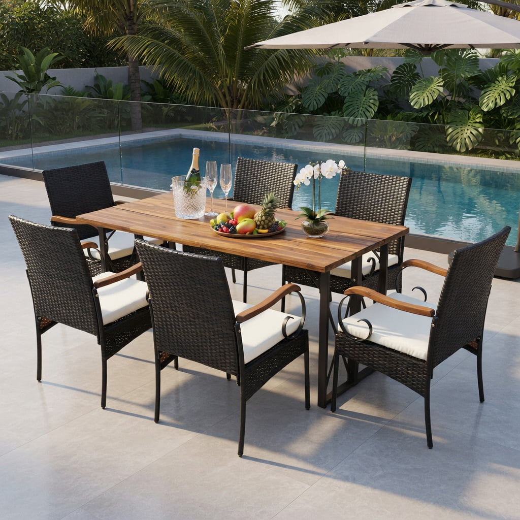 Hommoo 2-Piece Outdoor PE Wicker Dining Chairs with Acacia Wood Armrests, Weather-Resistant Patio Seating Set, Off-White Cushions, Sturdy X-Frame Design, Brown