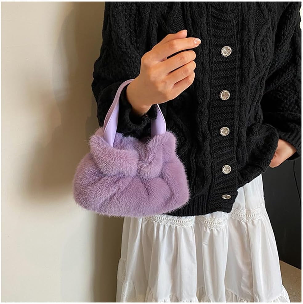 Small Fluffy Tote Bag with Strap Faux Fur Satchel Handbag and Purse Fuzzy Hobo Bucket Bag Top Handle Furry Purse