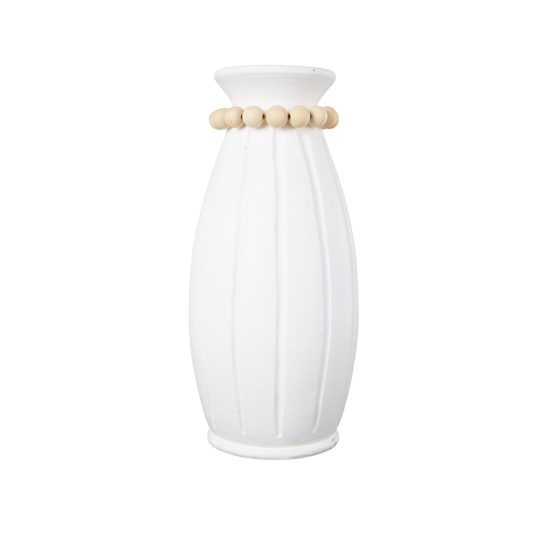 DecMode 20" White Magnesium Oxide Vase with Light Brown Beads and Carved Grooves