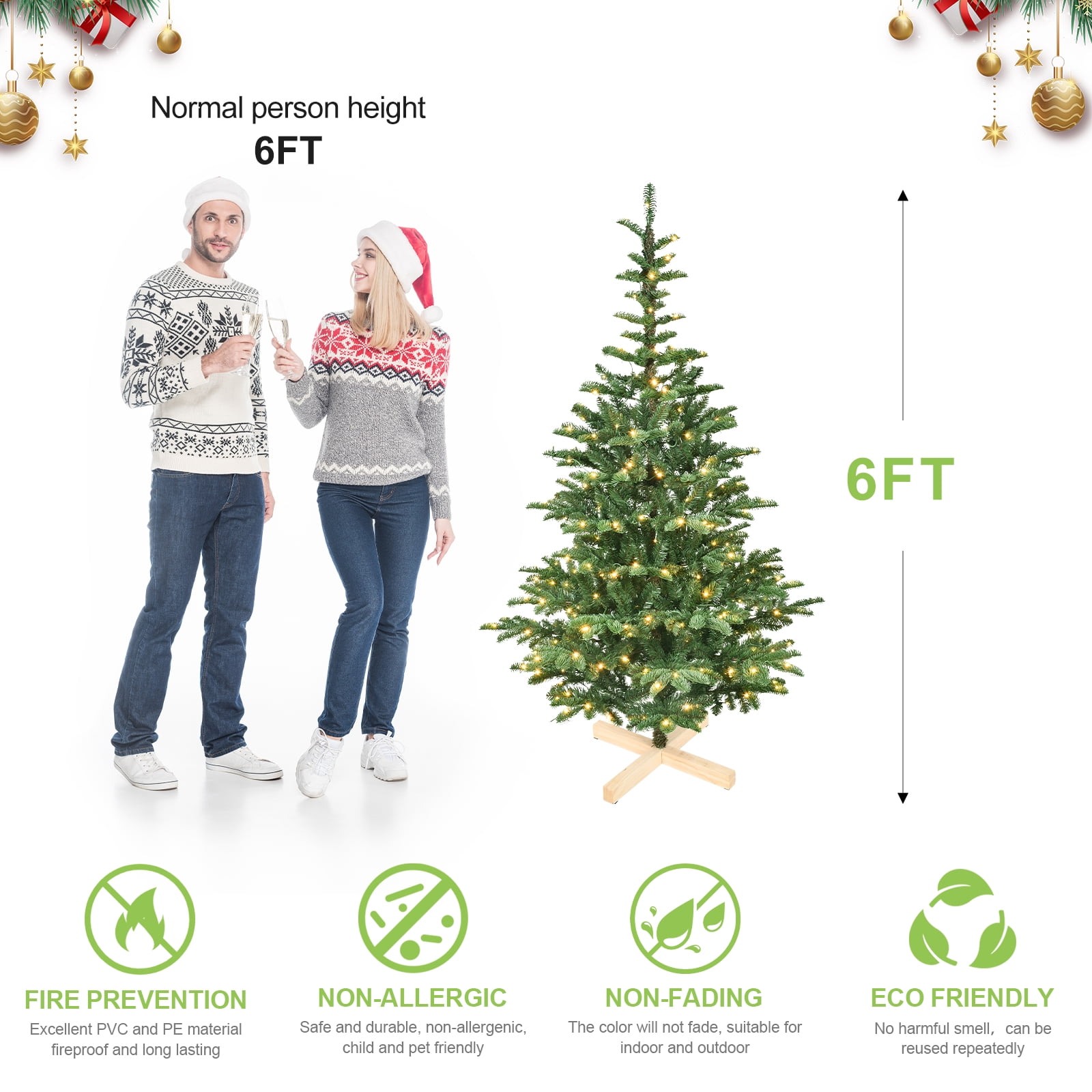 8ft Prelit Christmas Tree with Wooden Base 1307 Tips 500 Warm White LED Lights Rustic Holiday Decor