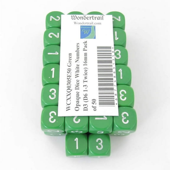 Green Opaque Dice with White Numbers D3 (D6 1-3 Twice) 16mm (5/8in) Pack of 50 Wondertrail