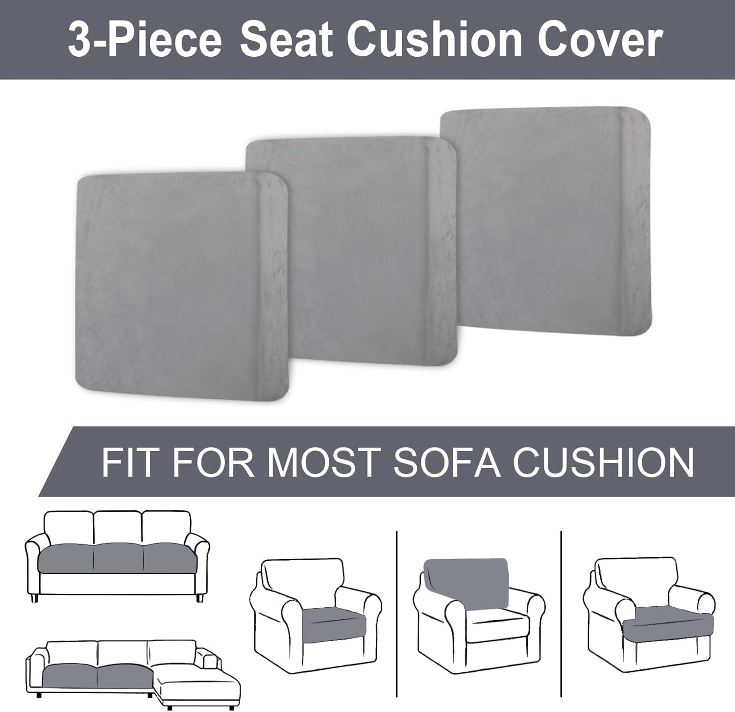 Couch Covers, 3 Pieces Couch Cushion Cover Velvet, Seat Cushion Cover, Stretch Sofa Covers, Separate Sectional Sofa Slipcovers, Furniture Protector(3-Seater or Backrest, Light Grey)