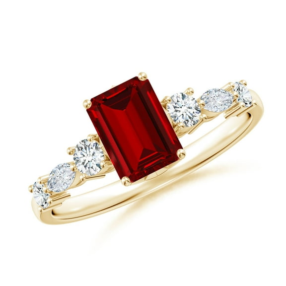 ANGARA Lab Grown 1 Ct Classic Emerald-Cut Ruby Side Stone Engagement Ring for Women in 14K Yellow Gold (Size-7x5mm) | July Birthstone, Anniversary, Jewelry Gift for Women | Lab-Grown Ruby Ring