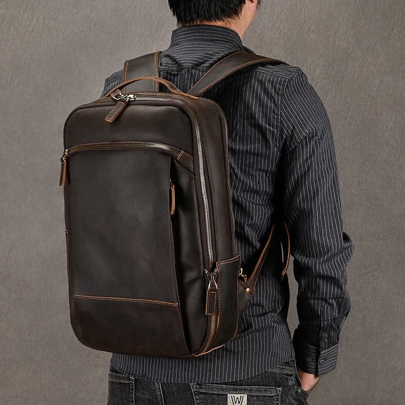 Double Zipper Main Bag Genuine Leather Large Capacity Crazy Horse Leather Outdoor Travel Leisure Backpack,18 Inches